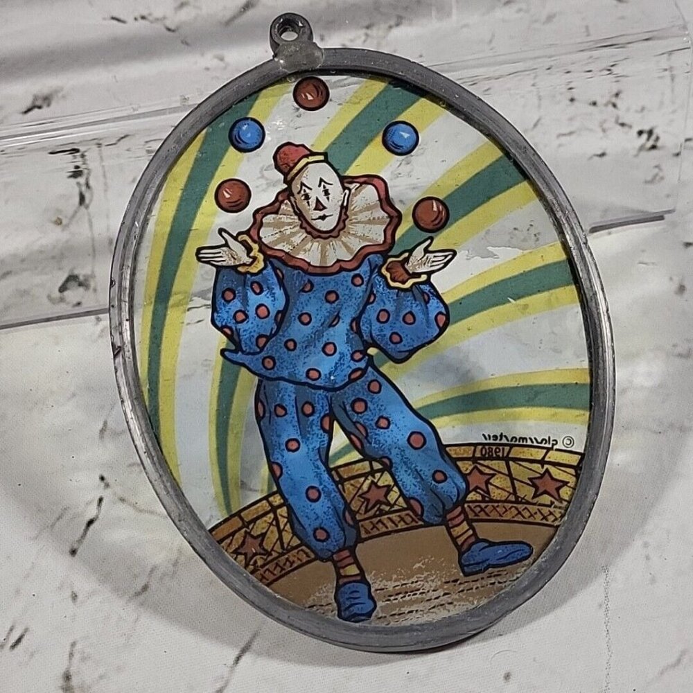 Glass Masters Suncatcher Juggling Circus Clown Carnival Oval Vintage 1980‎